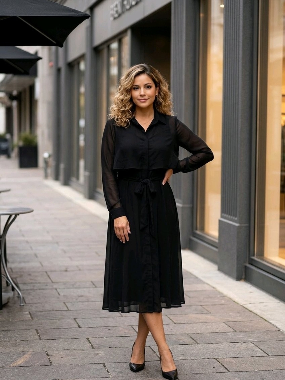 NY Collection Black Midi Shirt Dress with Tie Waist